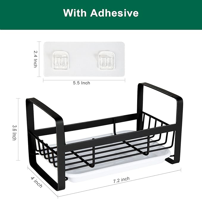 TEZZ Sponge Holder for Kitchen Sink- Stainless Steel Kitchen Sink Caddy for Organizing Sponge, Brush & Soap Dish Dispenser, coutertop Organizer Rack with Adhesive or Counter top, Black