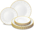 Lullaby 60PCS Pearl White Scalloped Plastic Plates with Gold Rim, Disposable Elegant Plates Include 30pcs Dinner Plate 10.25", 30pcs Dessert Plate 7.5", Perfect for Daily Use, Wedding and Party