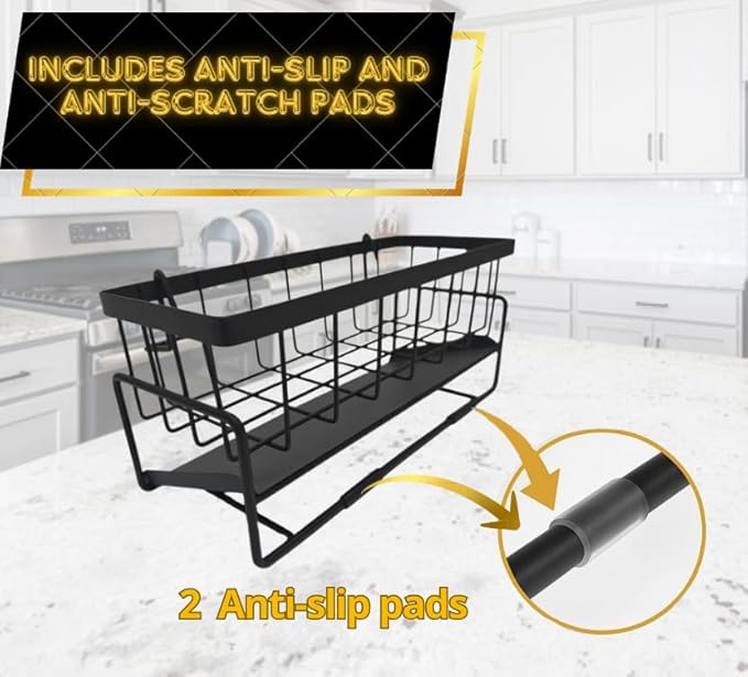 Black Kitchen Sink Caddy Organizer - Sponge Caddy with Self-Draining Tray, Stainless Steel Sink Caddy Kitchen Sink Organizer, Non-Slip Sink Drying Rack for Dishwashing Supplies