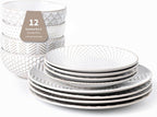 FOBENTA 12 Piece Embossed Dinnerware Sets for 4, Elegant Plates and Bowls Sets, Microwave & Dishwasher Safe, Stoneware for Stylish Home Dining–Perfect Housewarming Gift for Busy Families & Hostesses