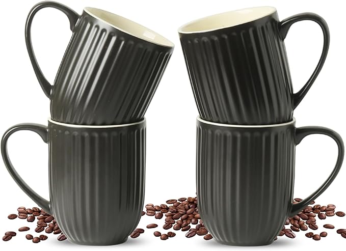 HASENSE 16oz Ceramic Coffee Mugs Set of 4, Black Ribbed Latte Cups with Large Ergonomic Handle, Modern Lightweight, Great for Coffee, Tea & Cocoa, Dishwasher & Microwave Safe