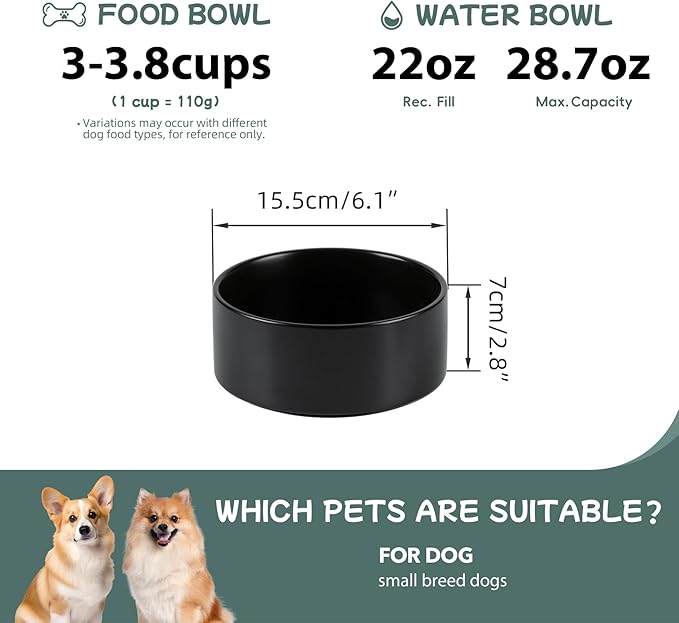 Havniva Ceramic 6.1inch Non-Slip Dog Food and Water Bowl for Small & Medium Breed Dogs,Pet Bowl for Replacement, Protects Cervical Spine (Black)