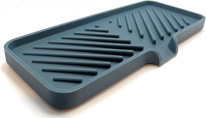 Happitasa Silicone Soap Dish Tray and Sponge Holder with Drain Chute and Feet | 3-Way Sloped Design | Bathroom and Kitchen Sink Organizer Caddy (Smoky Blue, 10"x4", 7.8 Ounces)