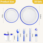 Goodluck 350 Piece Dark Blue Plastic Dinnerware Set for Party, Clear Disposable Plates for 50 Guests, Includes 100Plates, 50 Pre Rolled Napkins with Cutlery Set, 50 Cups, for Graduation, Birthday