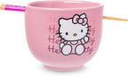 Silver Buffalo Sanrio Hello Kitty Waving Pink Ceramic Ramen Noodle Rice Bowl with Chopsticks, Microwave Safe, 20 Ounces,