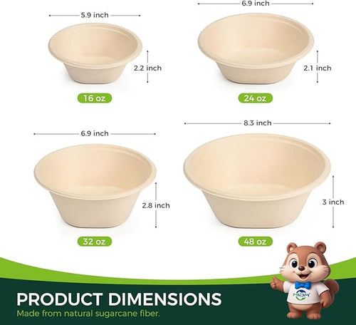 24 OZ Heavy Duty Disposable Bowls - Eco-friendly Sugarcane Bagasse - Biodegradable and Compostable - Ideal for Cereal, Rice, French Fries [100 Pack]