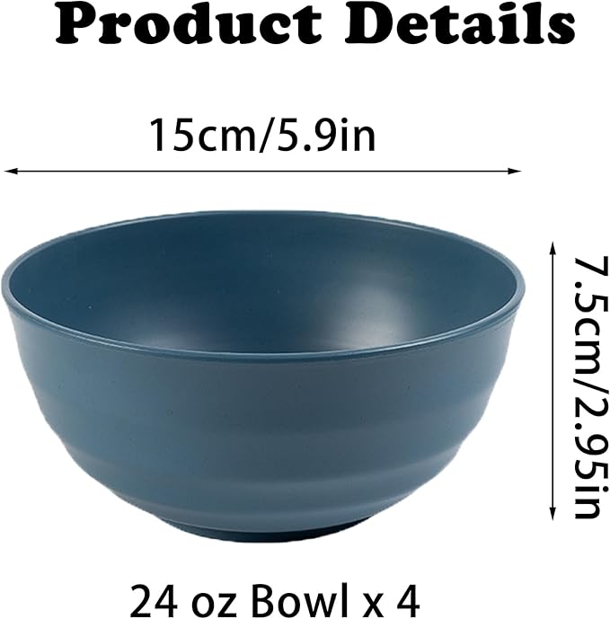 Unbreakable Wheat Straw Cereal Bowls Set of 4, 24 OZ Microwave and Dishwasher Safe Lightweight Soup and Salad Bowl Sets, Reusable Dessert Bowls for Rice, Pasta, Snack, Fruit, BPA Free (4 Colors)