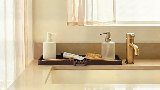Happitasa Silicone Soap Dish Tray and Sponge Holder with Drain Chute | Bathroom and Kitchen Sink Organizer Caddy (Grey, 12"x4", 7.4 Ounces)