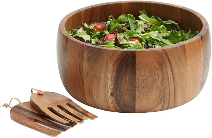 Acacia Wood 10” Salad Serving Bowl with Salad Hands 3 Piece Set by Woodard & Charles ★★PACK OF 4★★