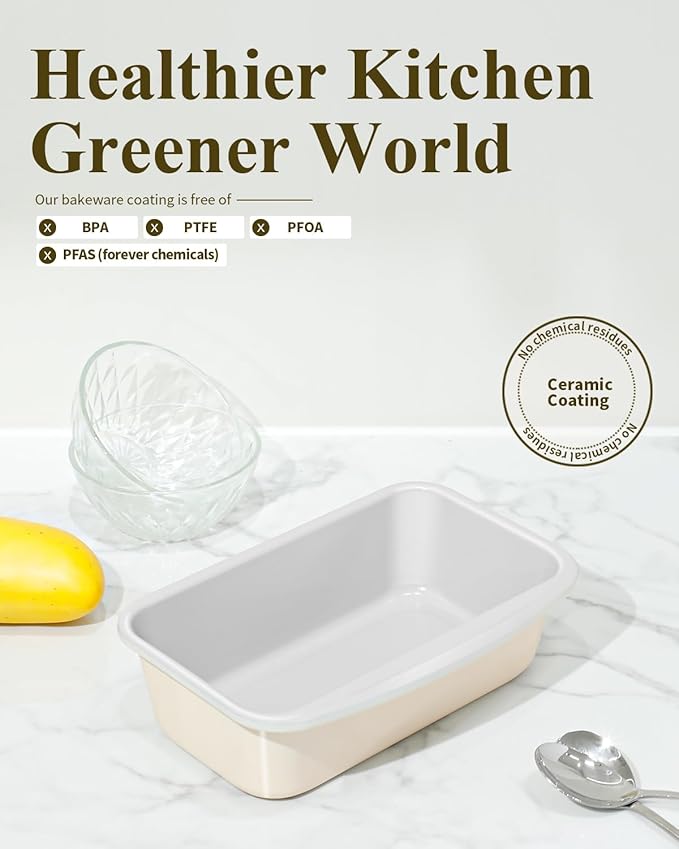 Non-Stick Bread Loaf Pan, 9x5 Inch, Ceramic Coating, Aluminized Steel, Oven Safe to 550°F, Dishwasher Safe - Non-Toxic, PTFE & PFOA Free, Sunshine Cream