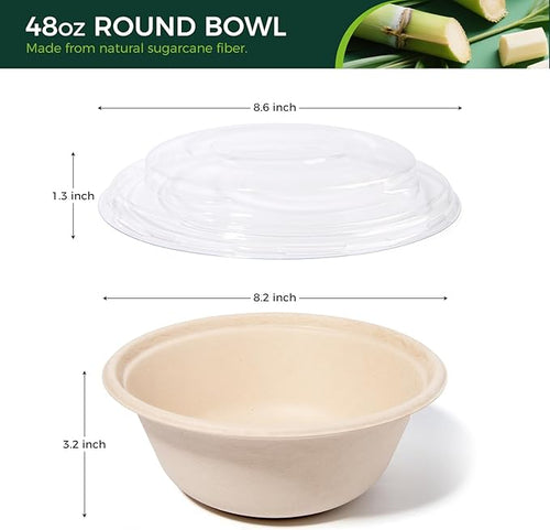 50-Pack 48oz Round Disposable Bowls with Lids - 100% Sugarcane Fiber, Paper Round Bowls for Soup, Salad, Ramen, Popcorn