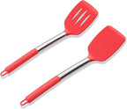 Silicone Spatula Set of 2, E-far Solid & Slotted Turner for Nonstick Cookware, Heat Resistant Rubber Kitchen Cooking Utensils for Flipping Fish Pancake Egg - Red
