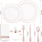 NOCCUR 175PCS Rose Gold Plastic Plates with Disposable Silverware - Include 25Dinner Plates, 25Dessert Plates, 25Forks, 25Knives, 25Spoons, 25Cups, 25Napkins for Party/Mother's Day