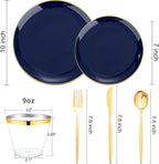 bUCLA 150PCS Blue and Gold Plastic Plates - 25 Guests Navy Blue Plastic Dinnerware Disposable for Party and Graduation - Include 25 Dinner/Dessert Plates, 25 Knives, 25 Forks, 25 Spoons, 25 Cups