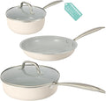Pots and Pans Set Nonstick, 5-Piece Ceramic Cookware Set, Stainless Steel Handles, Induction Compatible & Oven Safe, Non Toxic Healthy Cooking Set for RV & Apartments, Cream White