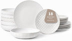 FOBENTA 18-Piece Embossed Ceramic Dinnerware Set–6 Dinner Plates,6 Salad Plates,6 Pasta Bowls,Elegant & Durable Tableware,Dishwasher & Microwave Safe,Perfect for Family & Entertaining
