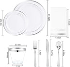 NOCCUR 700PCS Silver Plastic Plates Disposable for 100 Guests - Include 100 Dinner/Dessert White Plastic Plates with Silver Trim,300 Cutlery,100 Cups,100 Napkins for Party&Wedding