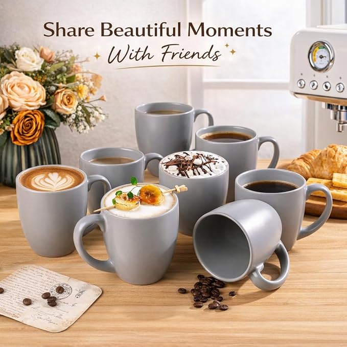 GBhome 12oz Coffee Mugs Set of 6, Large Ceramic Coffee Mugs for Man, Woman, Dad, Mom, Modern Coffee Mugs Set with handle for Tea/Latte/Cappuccino/Milk/Cocoa. Dishwasher&Microwave Safe,Matte Grey