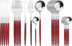 Silver Silverware Set, 24-Piece Stainless Steel Flatware Set Service For 6, Mirror Polished Red Handle Tableware Cutlery Set Knife Fork And Spoon For Home & Restaurant, Dishwasher Safe