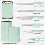 19 PCS Kitchen Cooking Utensils Set, 11 Pieces Silicone Cooking Utensils Set 6 Pieces Sharp Stainless Steel Green Knife Set with 1 Piece Cutting Board, Ideal for Apartment