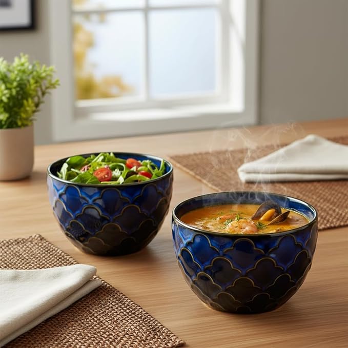 Ceramic Cereal Bowls Set for kitchen,24 oz Deep Soup Bowls for Cereal, Salad, Pasta,Ramen,Porcelain Soup Oatmeal Bowls Set of 2,Microwave & Dishwasher Safe. (Dark Blue)
