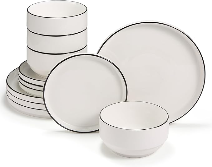 Vase and Vessel Ceramic Dinnerware Set, 12-Piece Service for 4, Round, Microwave and Dishwasher Safe, Cambridge Classics (French)