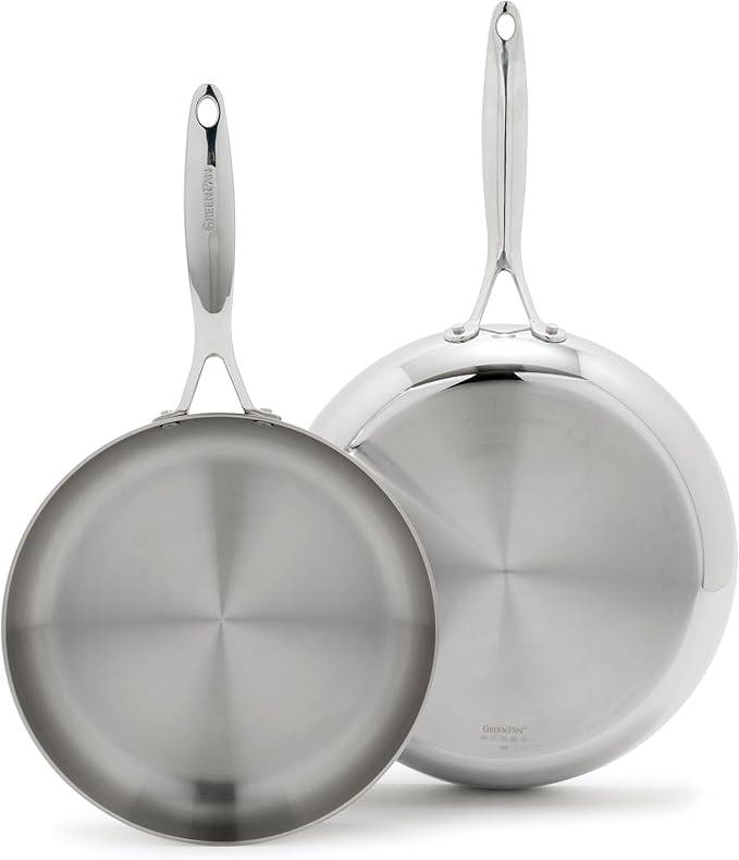 GreenPan Valencia Pro Tri-Ply Stainless Steel 10" & 12" Frying Pan Skillet Set, Induction Ready, Mirror Finish, Dishwasher Safe & Oven/Broiler Safe to 600F, Compatible with All Cooktops
