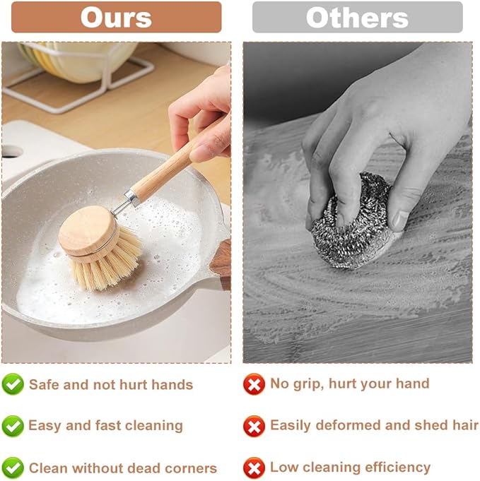 Bamboo Dish Brush Set, 1 Wooden Handle with 3 Natural Bristle Heads All Purpose Kitchen Scrub Brush with Sisal and Palm Horsehair for Cleaning Dishes Pans Vegetables(Color:Wood)