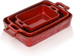 VICRAYS Ceramic Bakeware Set, Porcelain Rectangular Baking Dish, Baking Pan Lasagna Pans Casserole Dish Set for Cooking, Kitchen, Cake Dinner, Banquet, 3 PCS, 15 x 8.5 Inches (Cherry Red)