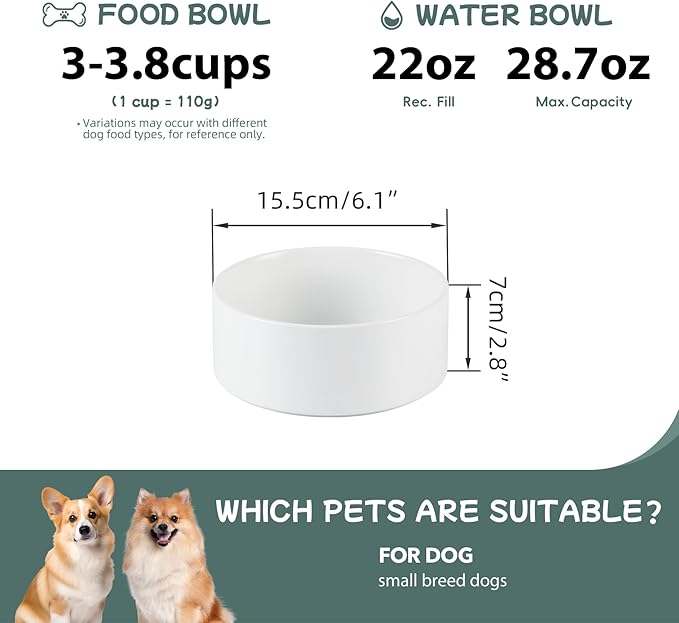 Havniva Ceramic 6.1inch Non-Slip Dog Food and Water Bowl for Small & Medium Breed Dogs,Pet Bowl for Replacement, Protects Cervical Spine (White)