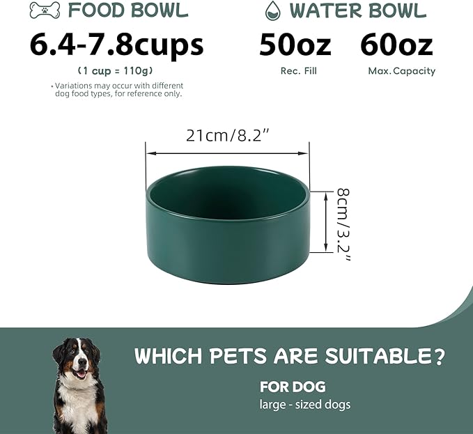Havniva Non-Slip 8.2inch Ceramic Dog Food and Water Bowl for Large Breed Dogs, Pet Bowl for Replacement (Single Bowl, Green)