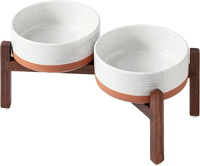 Havniva Ceramic 7.3inch Raised Double Dog Bowls Set with Acacia Wood Stand, Food & Water Bowls for Medium Breed Dogs, Weighted Pet Dishes(41oz, Vanilla White)