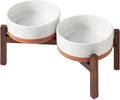 Havniva Ceramic 7.3inch Raised Double Dog Bowls Set with Acacia Wood Stand, Food & Water Bowls for Medium Breed Dogs, Weighted Pet Dishes(41oz, Vanilla White)