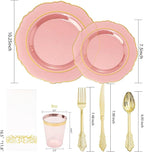KIRE 210Pcs Clear Pink Plastic Plates with Gold Rim - Disposable Pink Plates&Silverware&Pink Cups&Hand Napkin - Plum Colored Plastic Dinnerware for Upscale Wedding/Party/Baby Shower/Mother's Day