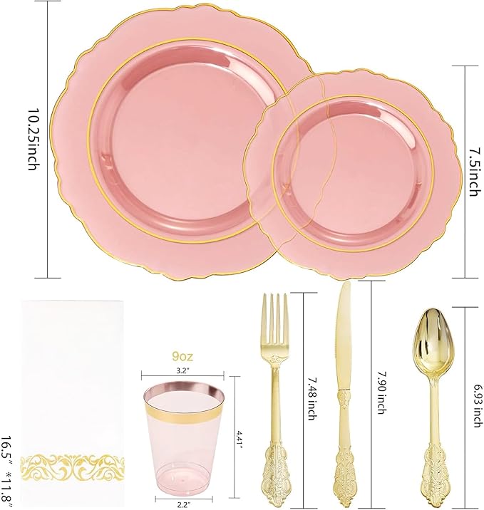 KIRE 210Pcs Clear Pink Plastic Plates with Gold Rim - Disposable Pink Plates&Silverware&Pink Cups&Hand Napkin - Plum Colored Plastic Dinnerware for Upscale Wedding/Party/Baby Shower/Mother's Day