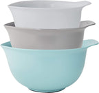 KitchenAid Universal Nesting Plastic Mixing Bowls, Set Of 3, 2.5 quart, 3.5 quart, 4.5 quart, Non Slip Base with Easy Pour Spout to Reduce Mess, Dishwasher Safe, Aqua Sky, White, Gray