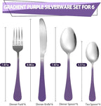 24 Pieces Flatware Set, Stainless Steel Cutlery Set with Silverware Holder, Modern Eating Tableware Set Includes Dinner Knives Forks Spoons,Hanging Silverware Set Service for 6 (Purple)