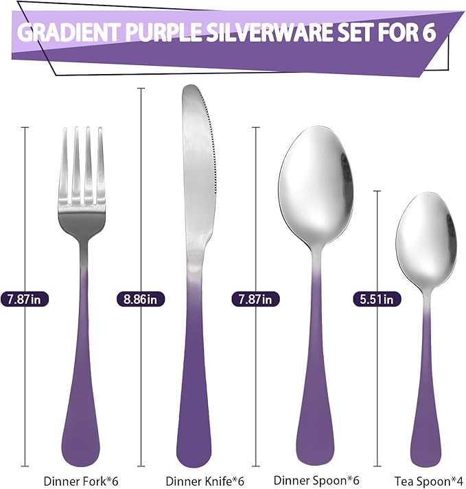24 Pieces Flatware Set, Stainless Steel Cutlery Set with Silverware Holder, Modern Eating Tableware Set Includes Dinner Knives Forks Spoons,Hanging Silverware Set Service for 6 (Purple)