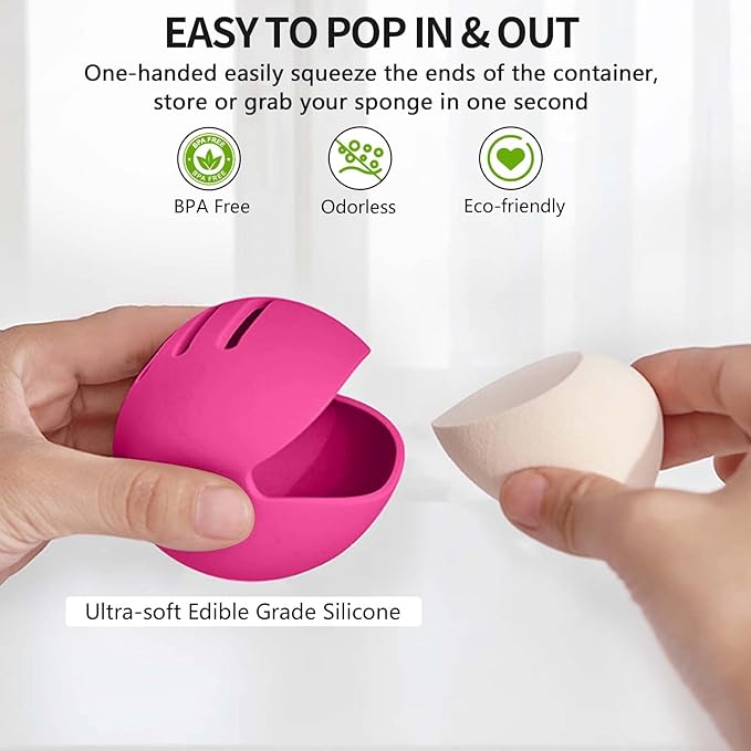 Fauxomor Makeup Sponge Holder,Double-sided 5-line Vented Silicone Beauty Make Up Blender Case for Travel,Shatterproof Make-Up Sponge Travel Case for All Sponges Reuse Easy Carry,Rose Red