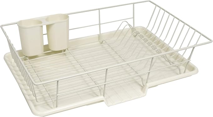 Sweet Home Collection Space-Saving 3-Piece Dish Drainer Rack Set: Efficient Kitchen Organizer for Quick Drying and Storage - Includes Cutlery Holder and Drainboard - Maximize Countertop Space, Ivory