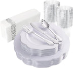 NOCCUR 175pcs Silver Plastic Plates - Silver Rim Plastic Tableware Include 25 Dinner/Dessert Plates, 25 Forks, 25 Knives, 25 Spoons for Wedding/Party