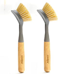 JOQINEER 2 Pack Kitchen Dish Brushes with Bamboo Handle, Dish Scrubber Built-in Scraper, Scrub Brush for Pans, Pots, Counter & Kitchen Sink Cleaning, Dishwashing and Cleaning Brush Tools
