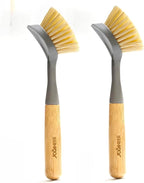 JOQINEER 2 Pack Kitchen Dish Brushes with Bamboo Handle, Dish Scrubber Built-in Scraper, Scrub Brush for Pans, Pots, Counter & Kitchen Sink Cleaning, Dishwashing and Cleaning Brush Tools