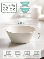 DOWAN 32 OZ Large Soup Bowls Set of 4 - White Ceramic Bowls for Kitchen, Deep Bowls for Cereal, Salad, Pasta, Fruits, Ramen, Dishwasher & Microwave Safe