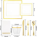 Festiva 350Pcs Clear Plastic Plates with Gold rim - Clear Gold Disposable Dinnerware for 50 Guests includeSquare Plastic Plates/Cups/Cutlery/Napkins Perfect for Birthday Party&Wedding