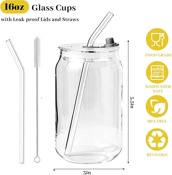 Leakproof Glass Cups with Plastic Lids and Straws, 16oz Iced Coffee Cup, Drinking Glasses Tumbler for Water, Boba Tea, Smoothie - 20pcs