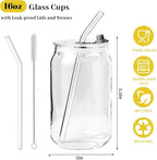 Leakproof Glass Cups with Plastic Lids and Straws, 16oz Iced Coffee Cup, Drinking Glasses Tumbler for Water, Boba Tea, Smoothie - 8pcs