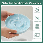 Cat Slow Feeder Bowl Set - 2 Pcs Ceramic Cat Food Plates for Slow Eating - Double Cat Dish for Dry Wet Food - Slow Feeding Cat Bowls Whisker Friendly - Microwave and Dishwasher Safe - Blue and Green