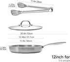 Tri-ply Stainless Steel Frying Pan 12 Inch with Lid Large Skillet for Chef's Cooking Pan Induction Oven Dishwasher Safe, Compatible with All Cooktops with Kitchen Tongs(Detachable Handle)