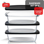 EATEX Glass Bread Pans for Homemade Bread Baking, 1.9 Quart Deep Rectangular Glass Food Storage Containers with Lids, 3 Bread Loaf Pans 3 Airtight Lids Black Microwave Oven & Freezer Safe